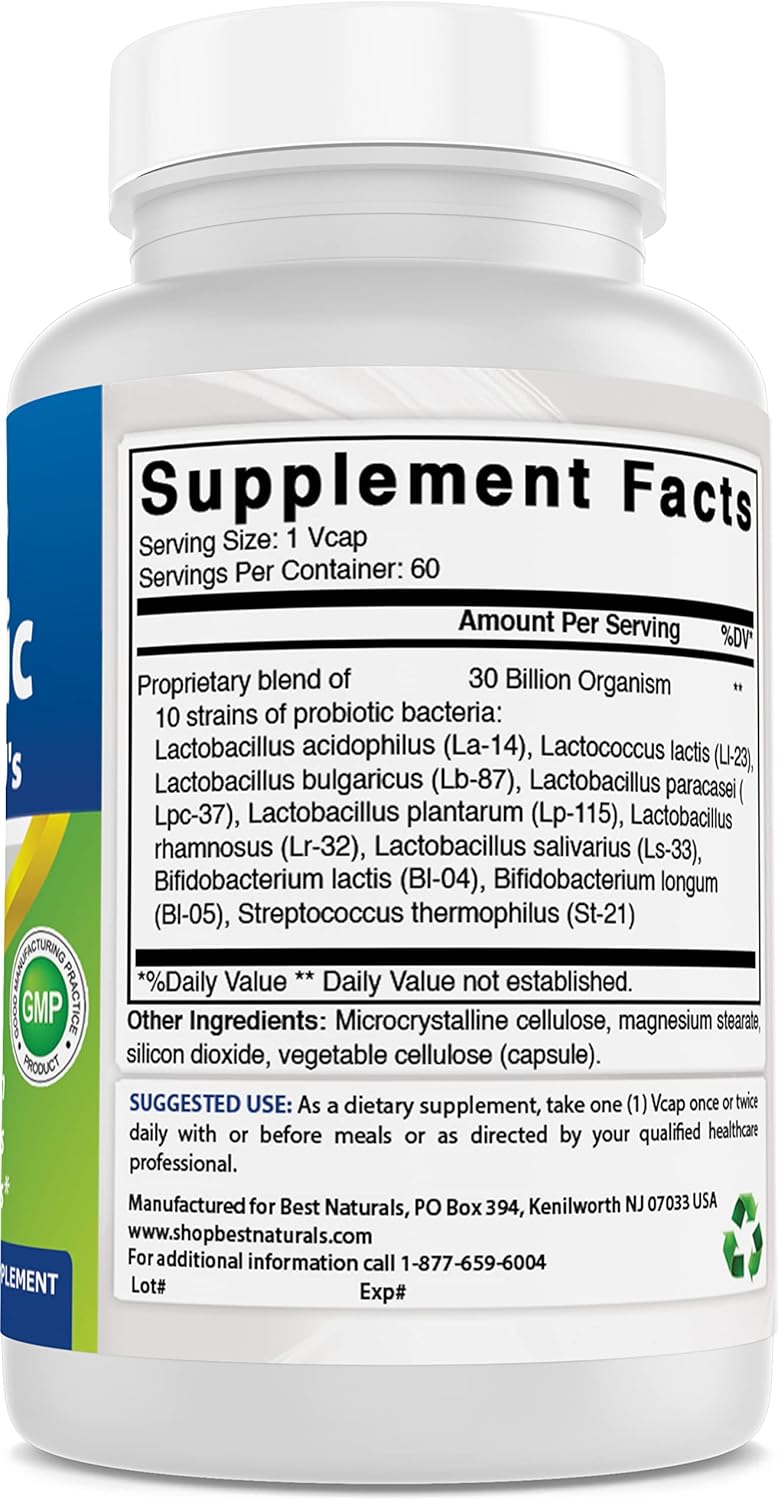 Natural Probiotic with 10 Strains and 30 Billion CFU for Intestinal Health - 180 Veggie Capsules in Total