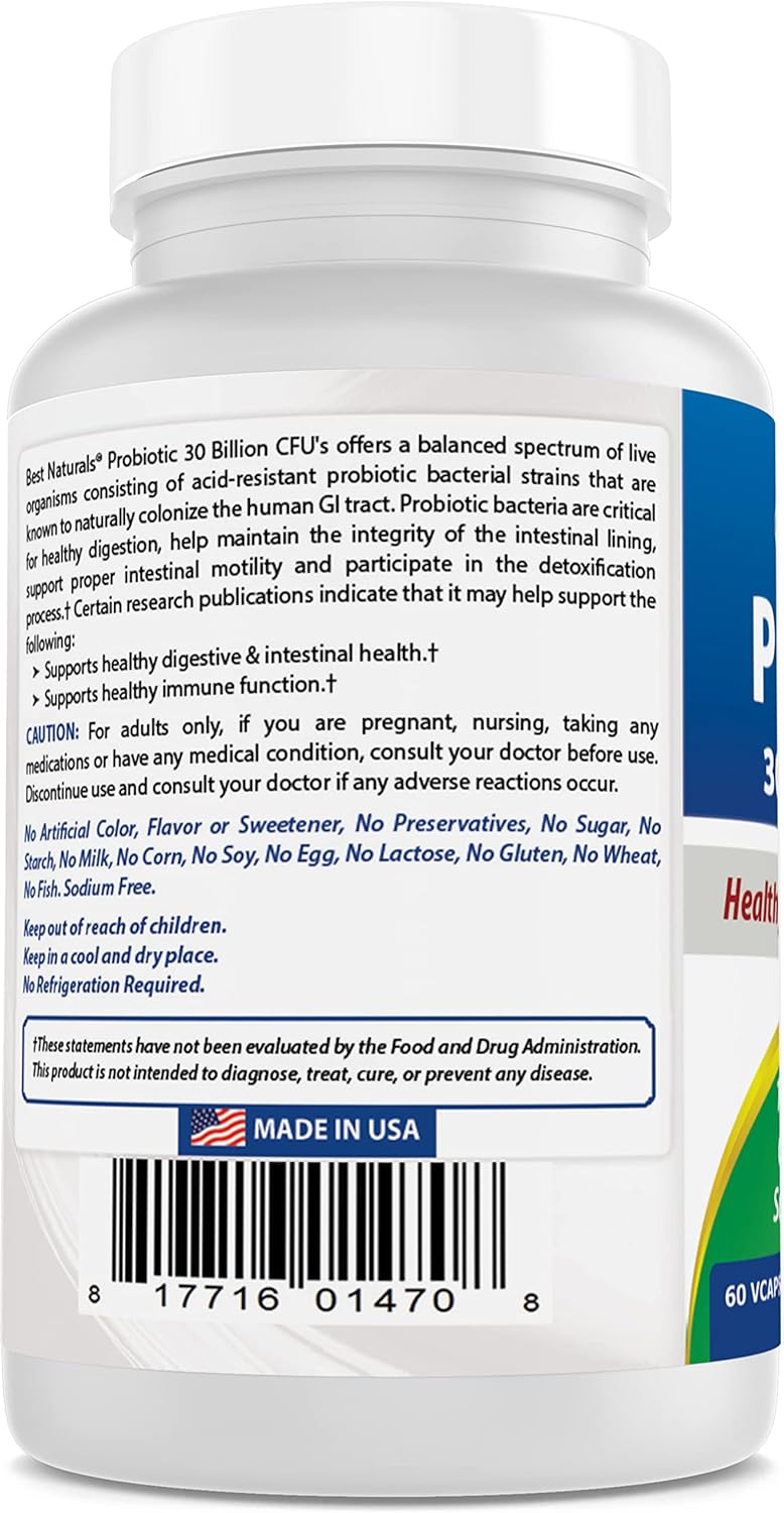 Natural Probiotic with 10 Strains and 30 Billion CFU for Intestinal Health - 180 Veggie Capsules in Total
