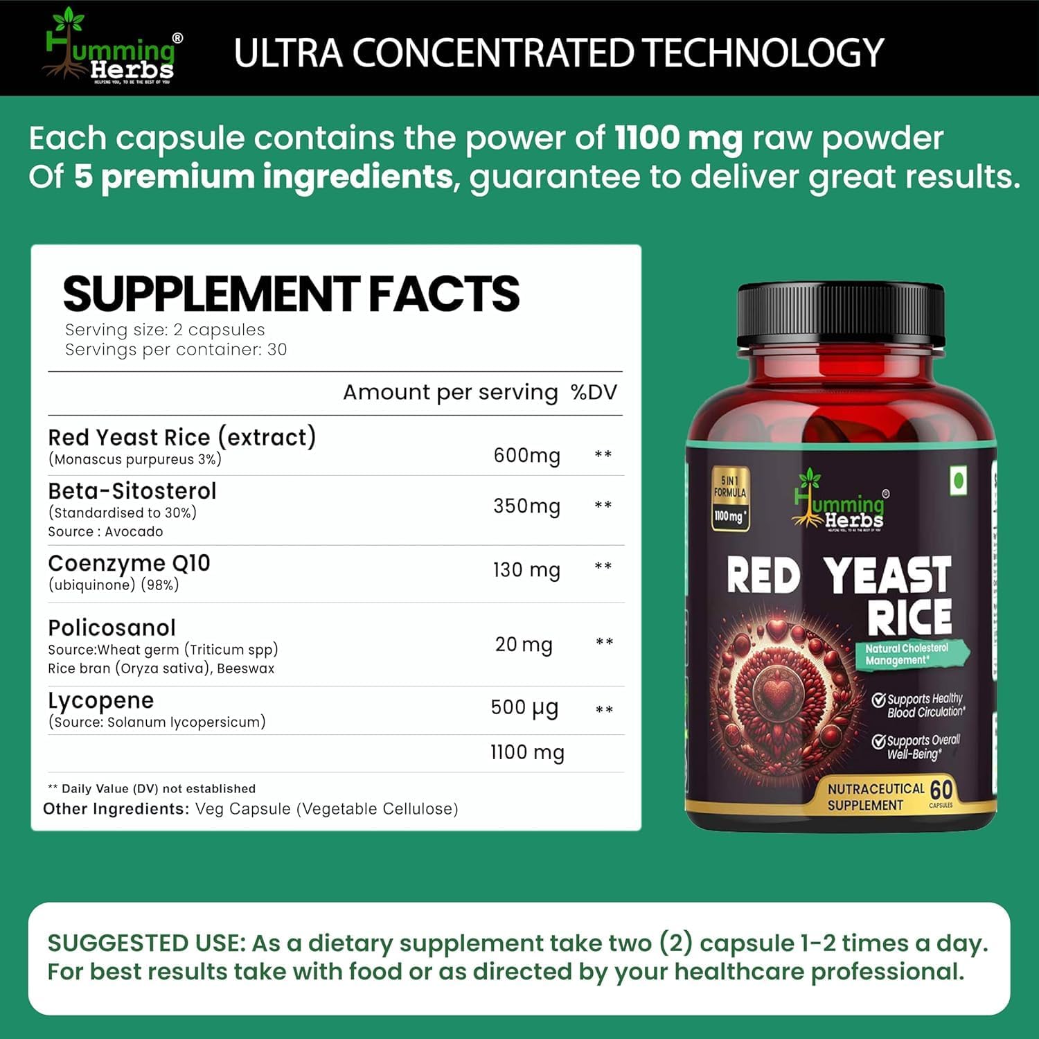 Natural Red Yeast Rice Supplement Capsules with CoQ10, Policosanol, Lycopene - 1100mg Health Support - 30 Day Supply