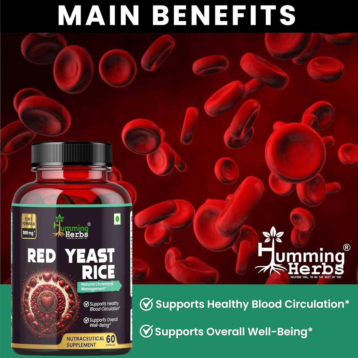Natural Red Yeast Rice Supplement Capsules with CoQ10, Policosanol, Lycopene - 1100mg Health Support - 30 Day Supply