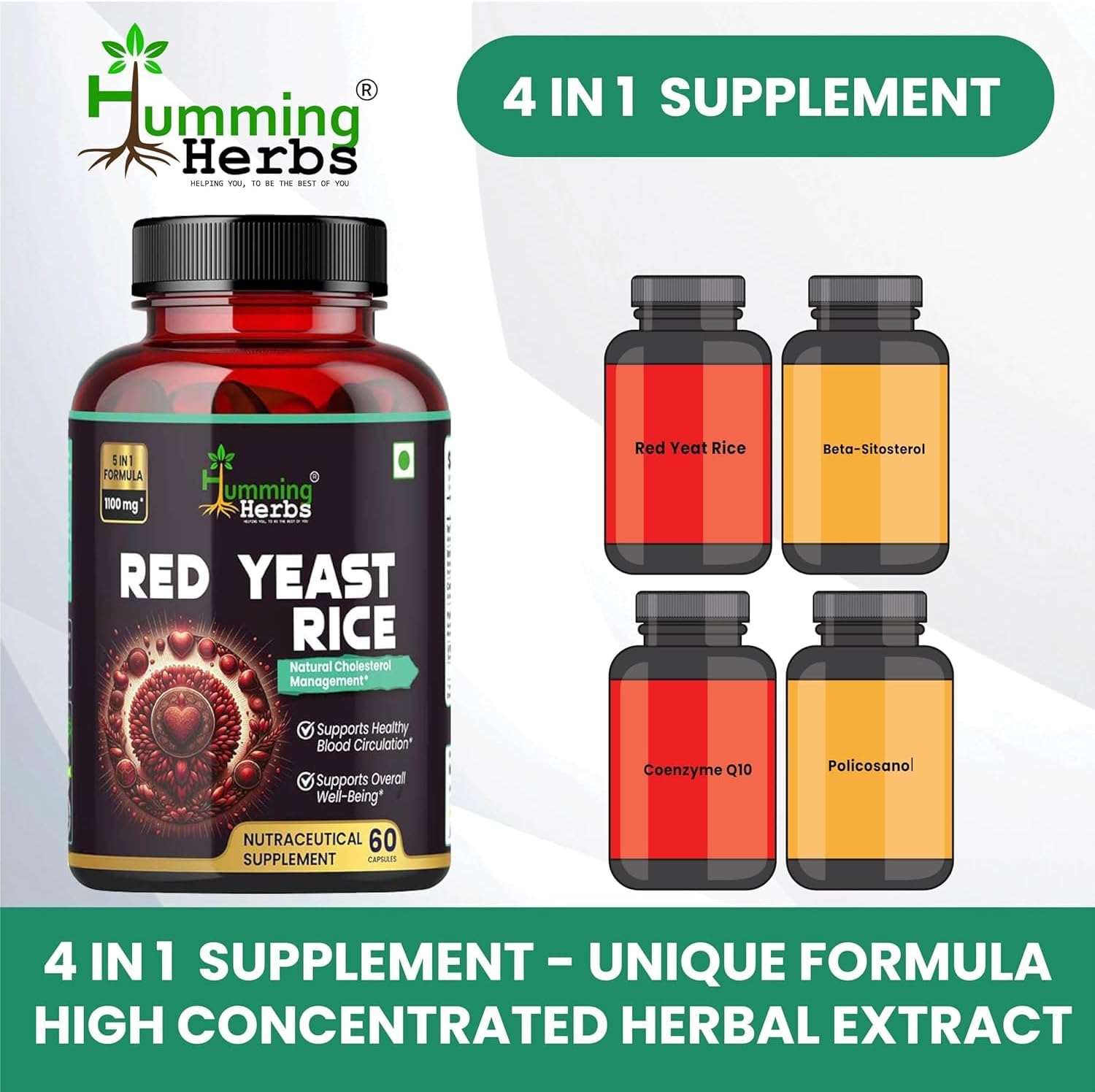 Natural Red Yeast Rice Supplement Capsules with CoQ10, Policosanol, Lycopene - 1100mg Health Support - 30 Day Supply