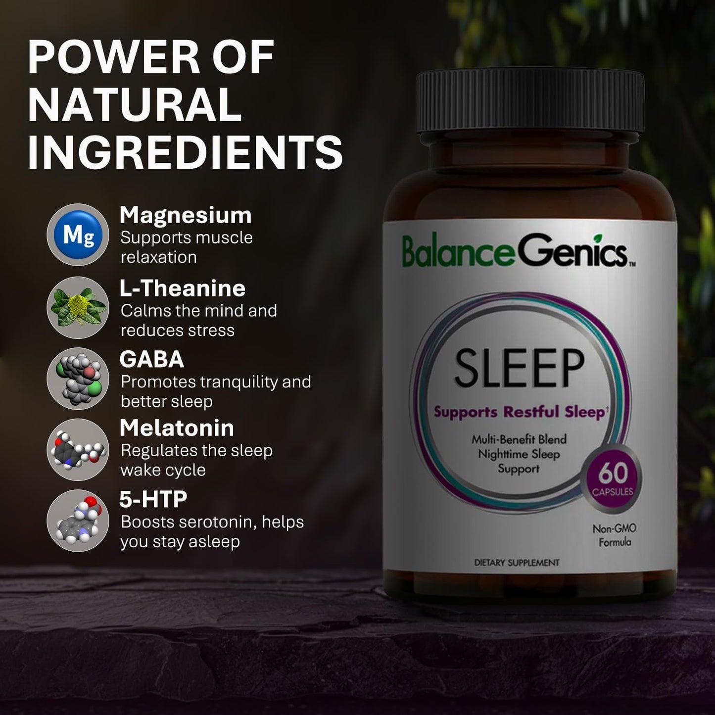 Natural Sleep Aid Supplement with GABA for Restful Sleep - Bedtime Support for Men & Women - Non-Habit Forming Sleep Supplement - 60 Capsules