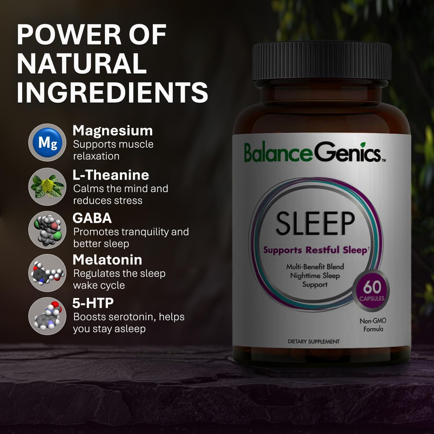 Natural Sleep Aid Supplement with GABA for Restful Sleep - Bedtime Support for Men & Women - Non-Habit Forming Sleep Supplement - 60 Capsules
