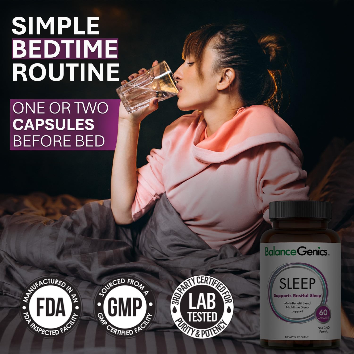 Natural Sleep Aid Supplement with GABA for Restful Sleep - Bedtime Support for Men & Women - Non-Habit Forming Sleep Supplement - 60 Capsules