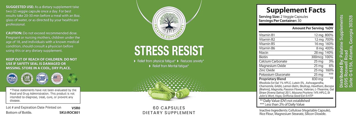 Natural Stress Relief Supplement with Non-GMO Ingredients - Calm Your Mind, Find Balance - Gluten Free Anti-Stress Capsules - 60 Count