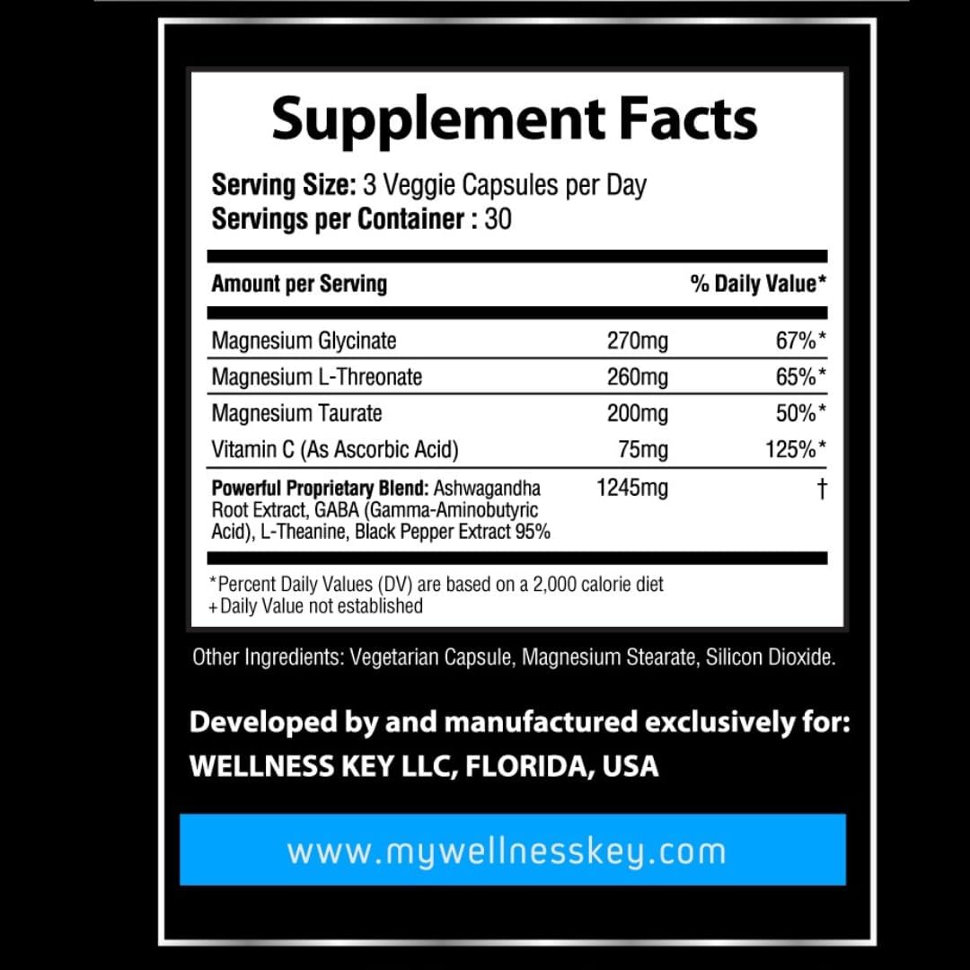 Natural Stress Support Supplement with Magnesium Glycinate & L-Threonate - Promotes Relaxation, Mental Clarity, and Focus - 90 Capsules, 30 Day Supply