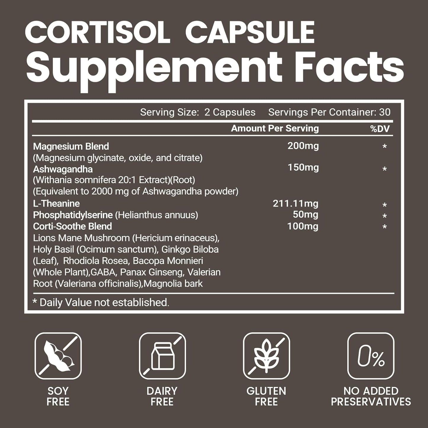 Natural Supplement for Healthy Energy, Balanced Cortisol, Relaxation, and Sleep - Ashwagandha, L-Theanine, Magnesium - 60 Capsules