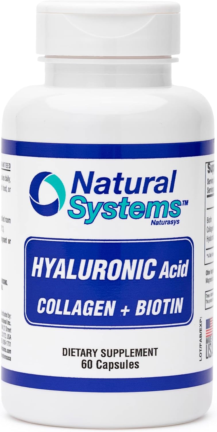 Natural Systems Hyaluronic Acid Plus Collagen, Biotin Capsules - Skin Supplement for Strong Hair, Nails - Enhanced Absorption - 60 Capsules