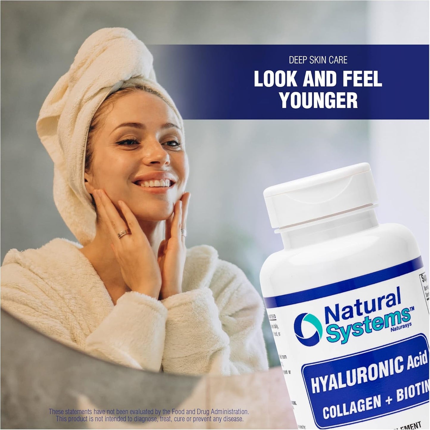 Natural Systems Hyaluronic Acid Plus Collagen, Biotin Capsules - Skin Supplement for Strong Hair, Nails - Enhanced Absorption - 60 Capsules