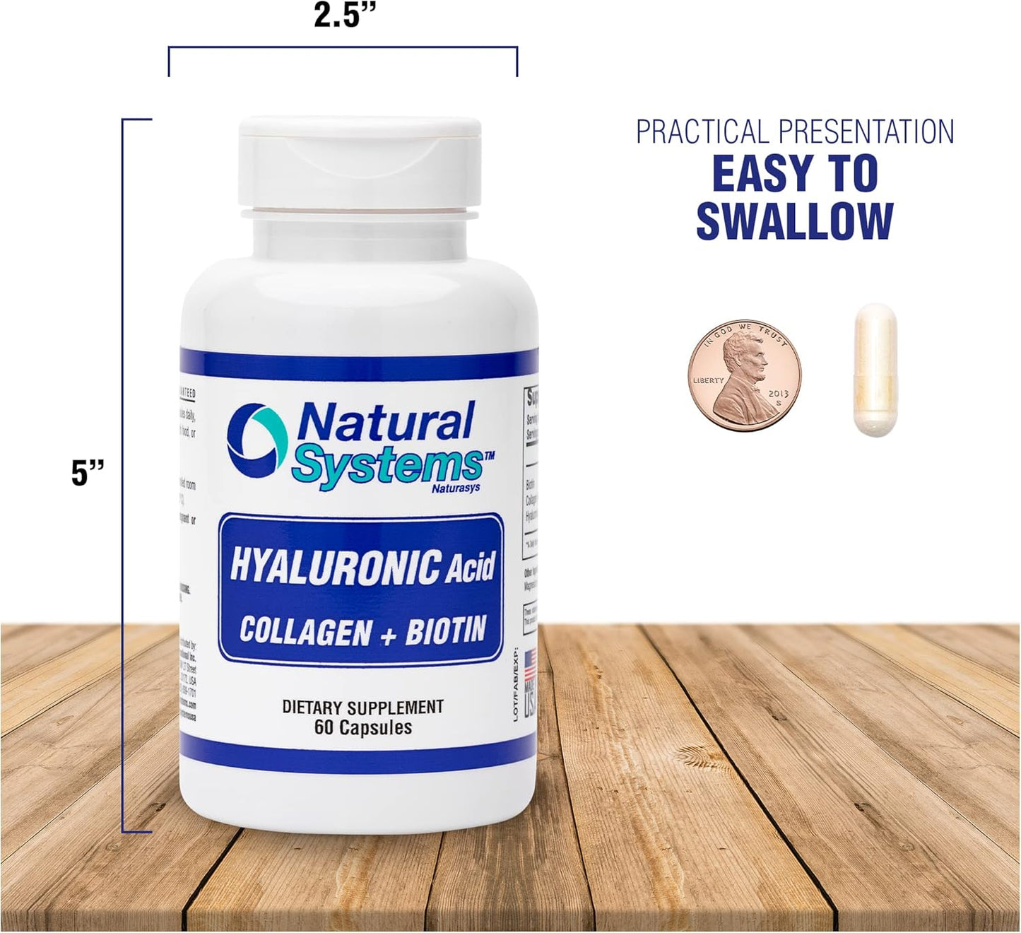 Natural Systems Hyaluronic Acid Plus Collagen, Biotin Capsules - Skin Supplement for Strong Hair, Nails - Enhanced Absorption - 60 Capsules