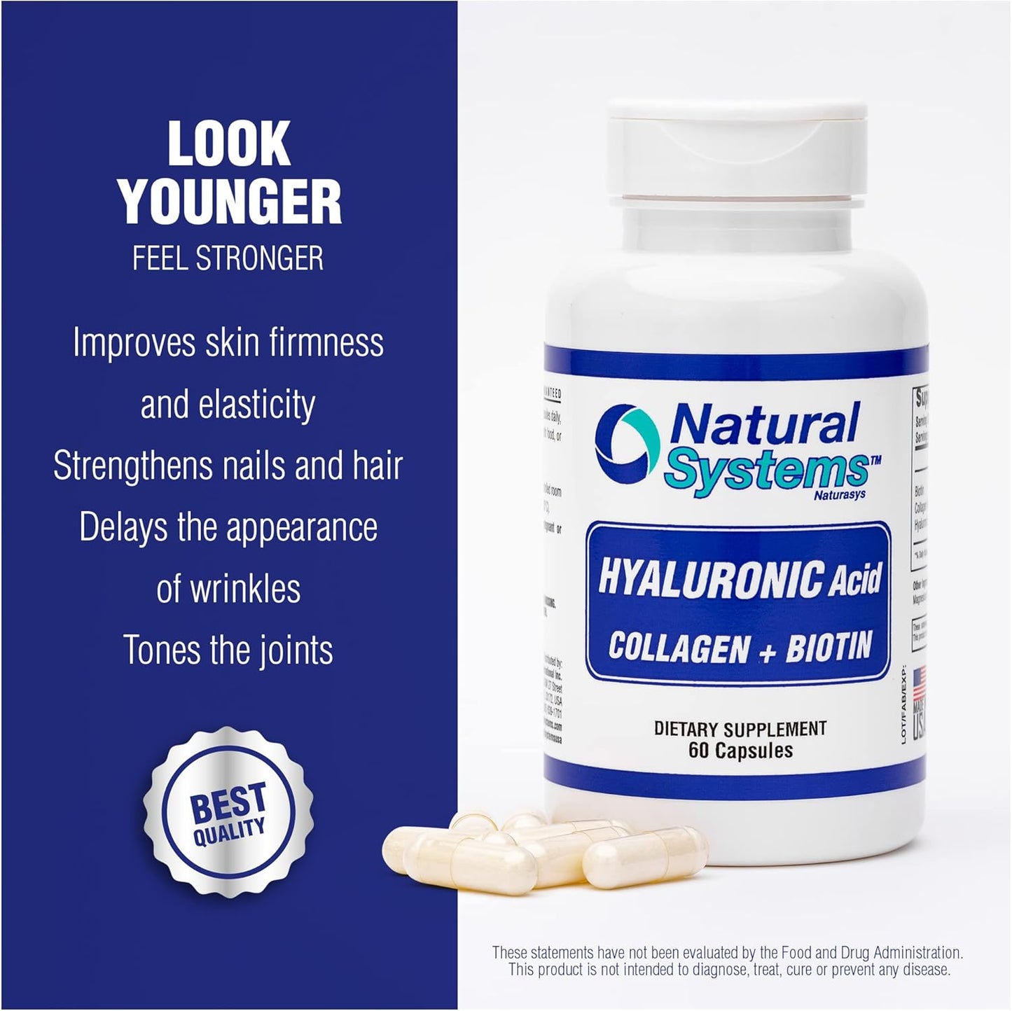 Natural Systems Hyaluronic Acid Plus Collagen, Biotin Capsules - Skin Supplement for Strong Hair, Nails - Enhanced Absorption - 60 Capsules