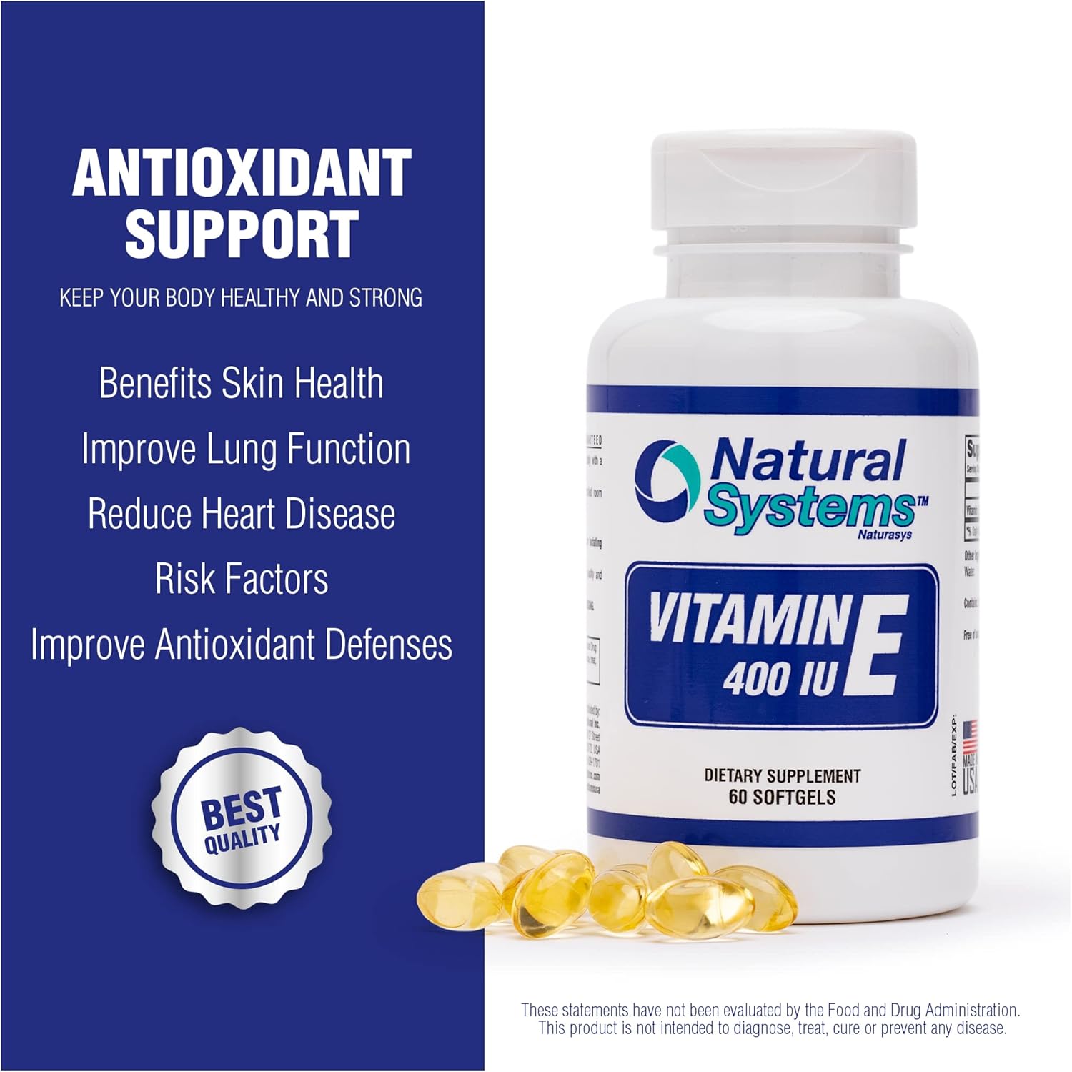 Natural Systems Naturasys Vitamin E Softgels 400 IU - Immune System & Skin Care Support Supplement - Non-GMO & Preservative-Free