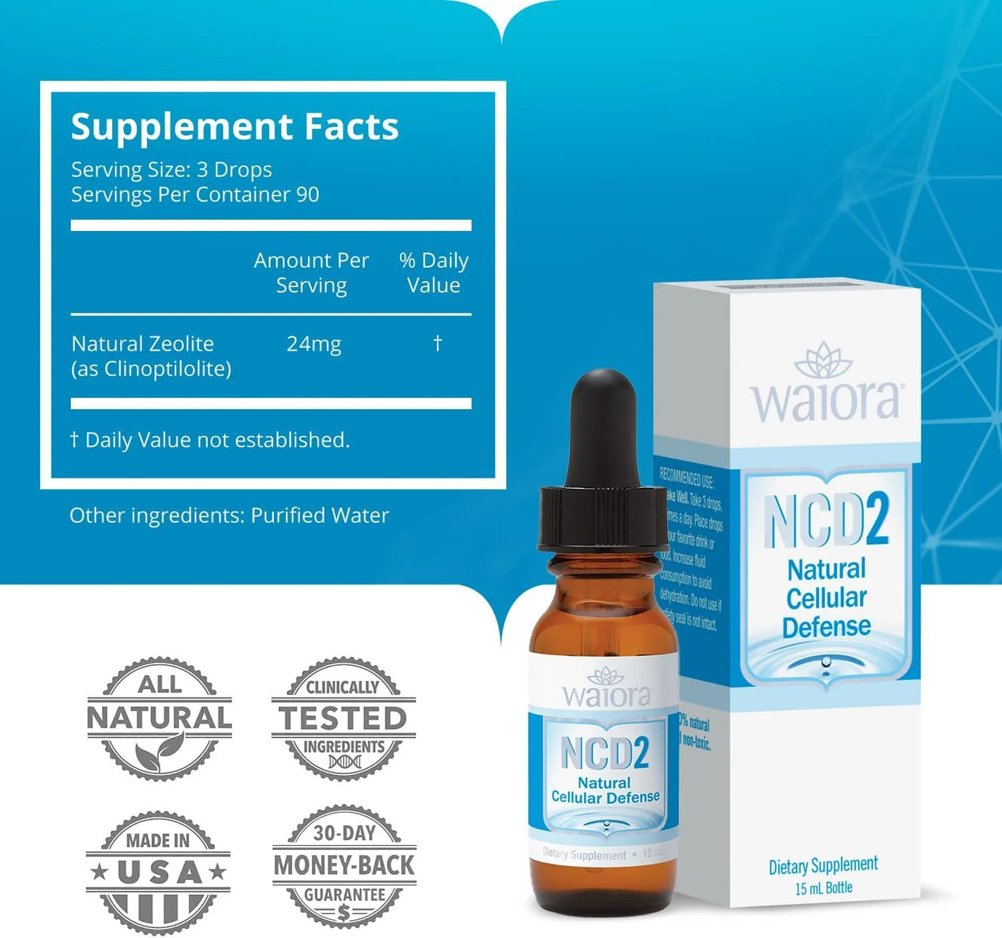 Natural Waiora NCD2 Activated Liquid Zeolite Drops for Immune Support & Body Cleanse - 3 Bottles, 270 Servings, Mix in Food/Drinks