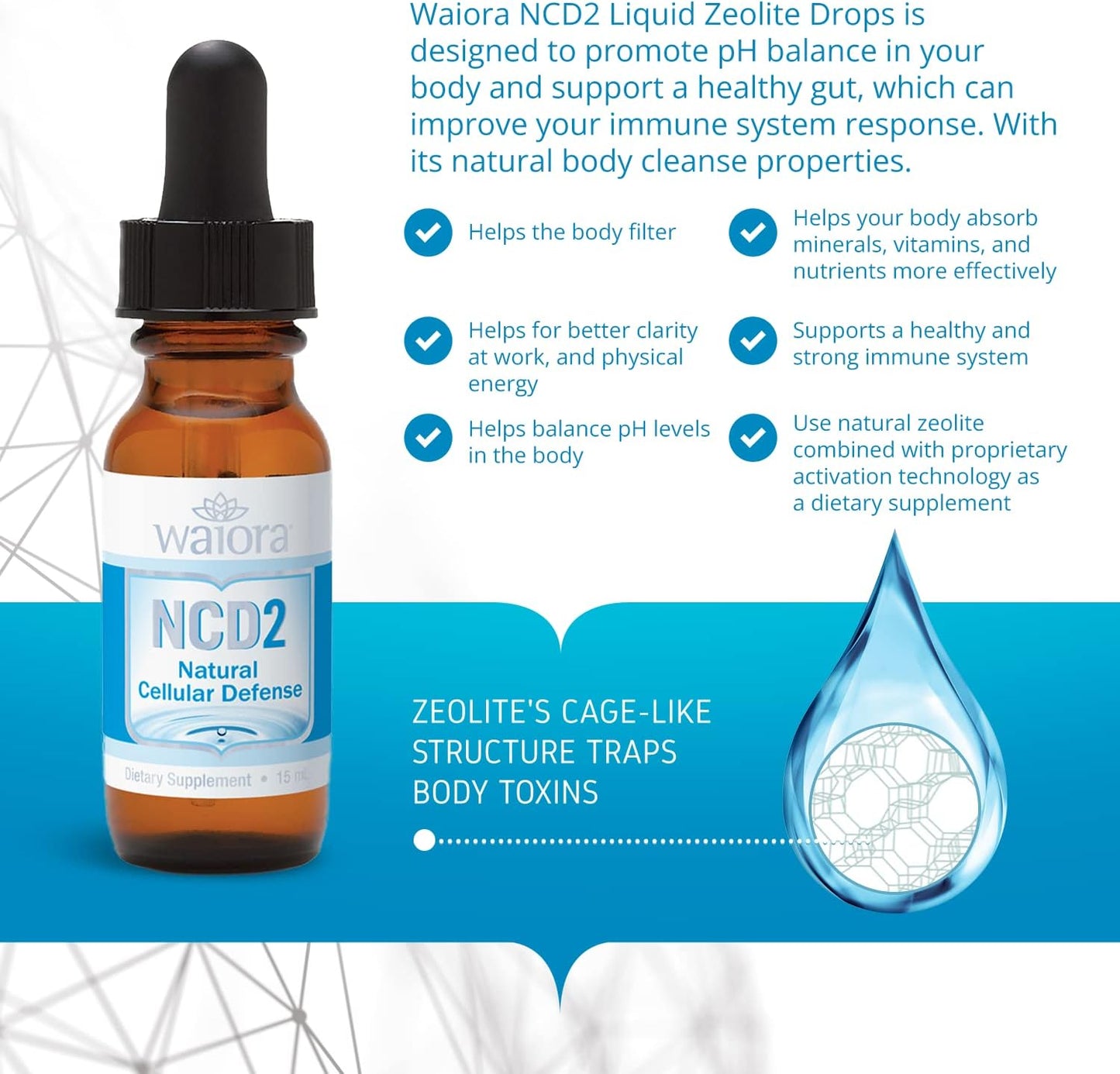 Natural Waiora NCD2 Activated Liquid Zeolite Drops for Immune Support & Body Cleanse - 3 Bottles, 270 Servings, Mix in Food/Drinks