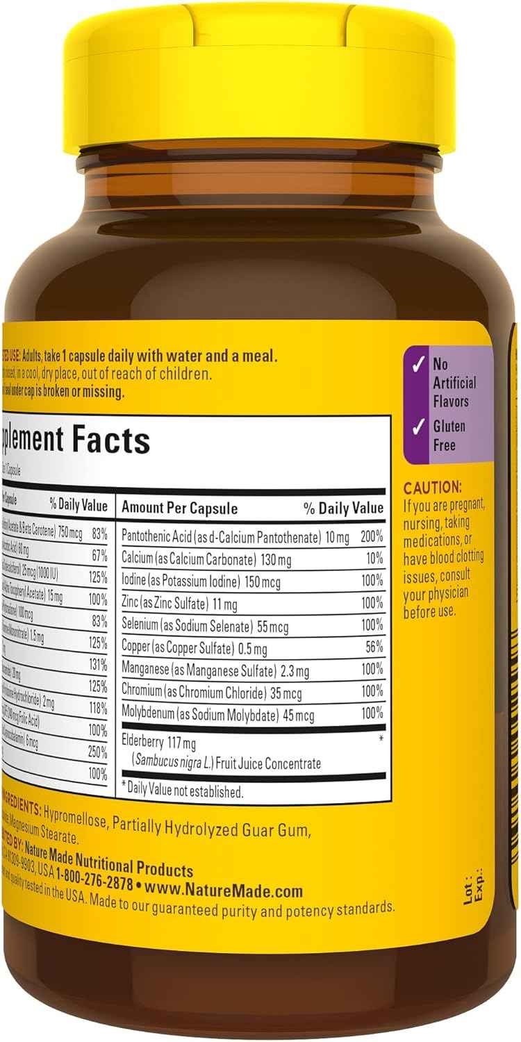 Nature Made Multi + Elderberry Capsules, Multivitamin for Daily Immune Support, One Per Day Multivitamin, 60 Count