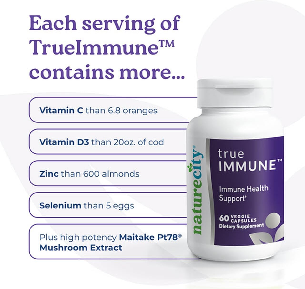 NatureCity True-Immune 5-in-1 Immunity Support Supplement with Vitamins D3, C, Zinc, Selenium, and Maitake Mushroom Extract - 60 Veggie Capsules - Non-GMO, Gluten Free Formula for Year-Round Wellness