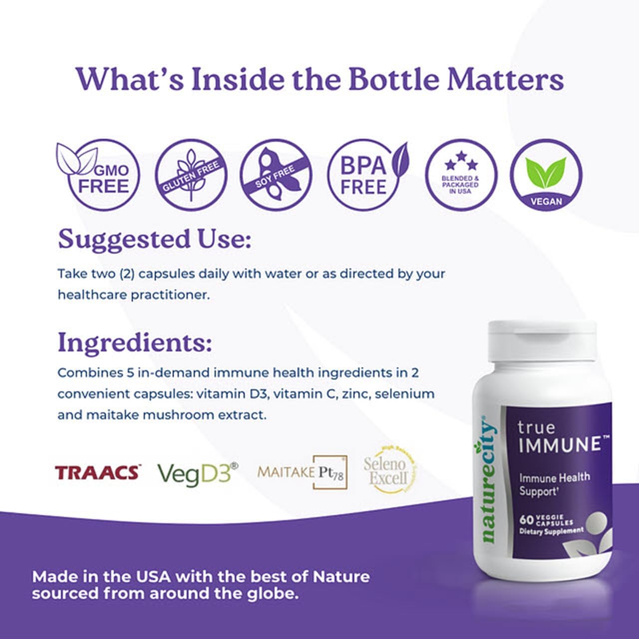 NatureCity True-Immune 5-in-1 Immunity Support Supplement with Vitamins D3, C, Zinc, Selenium, and Maitake Mushroom Extract - 60 Veggie Capsules - Non-GMO, Gluten Free Formula for Year-Round Wellness
