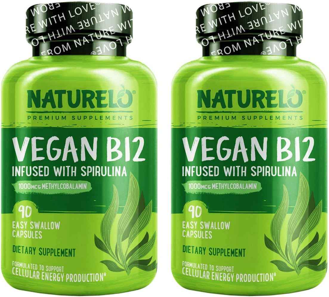 NATURELO Vegan B12 - Methyl B12 with Organic Spirulina - High Potency Vitamin B12 1000 mcg Methylcobalamin - Supports Healthy Mood, Energy, Heart & Eye Health - 90 Capsules (Pack of 2)