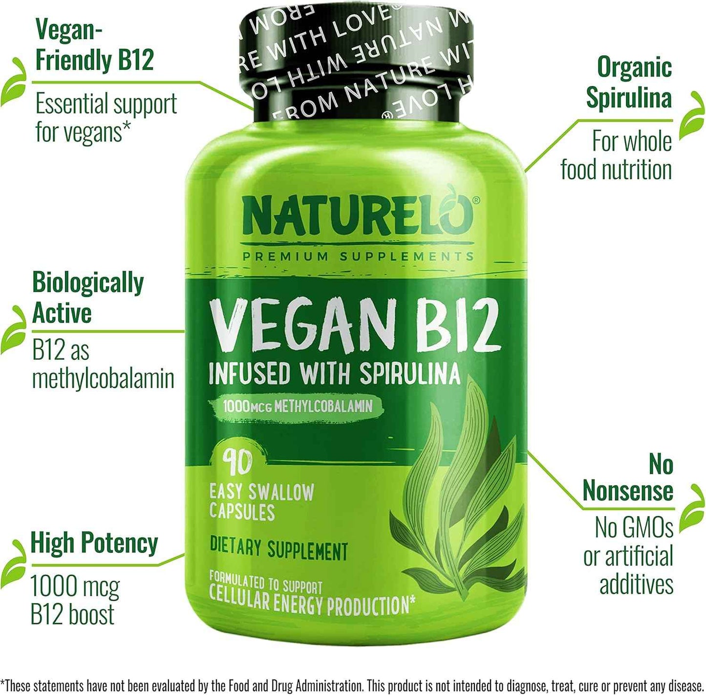 NATURELO Vegan B12 - Methyl B12 with Organic Spirulina - High Potency Vitamin B12 1000 mcg Methylcobalamin - Supports Healthy Mood, Energy, Heart & Eye Health - 90 Capsules (Pack of 2)