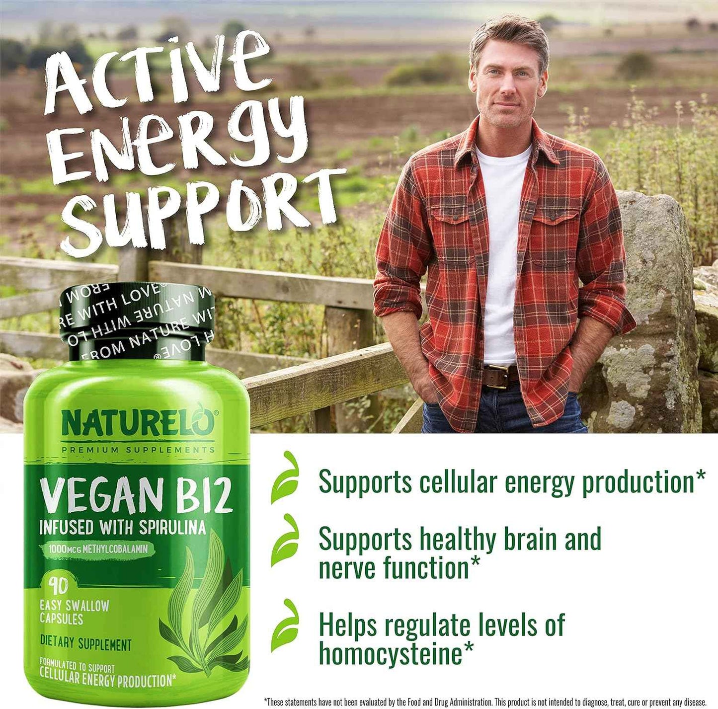 NATURELO Vegan B12 - Methyl B12 with Organic Spirulina - High Potency Vitamin B12 1000 mcg Methylcobalamin - Supports Healthy Mood, Energy, Heart & Eye Health - 90 Capsules (Pack of 2)