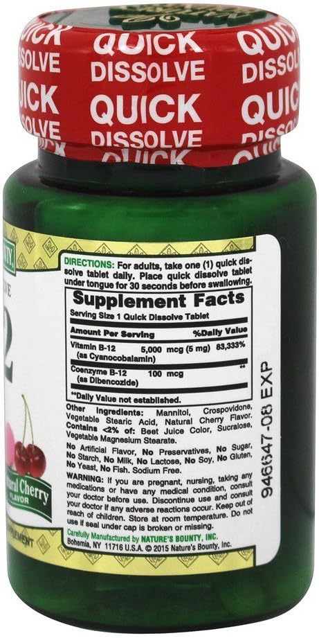 Nature's Bounty B-12 5000 mcg Quick Dissolve Cherry Flavor Tablets - 80 Count Pack