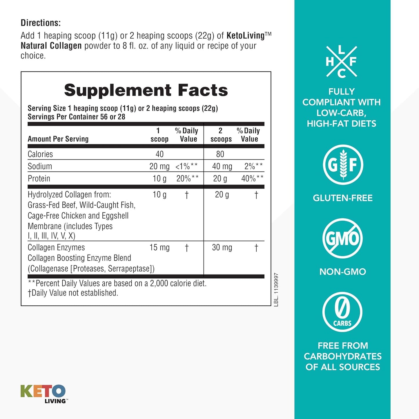 Natures Plus KetoLiving Natural Collagen Protein Powder - Unflavored, 1.36 lb Tub - Supports Immune & Gut Health, Joint Mobility, Hair, Skin, Nails - Keto-Friendly - Gluten-Free, Non-GMO - 28 Servings