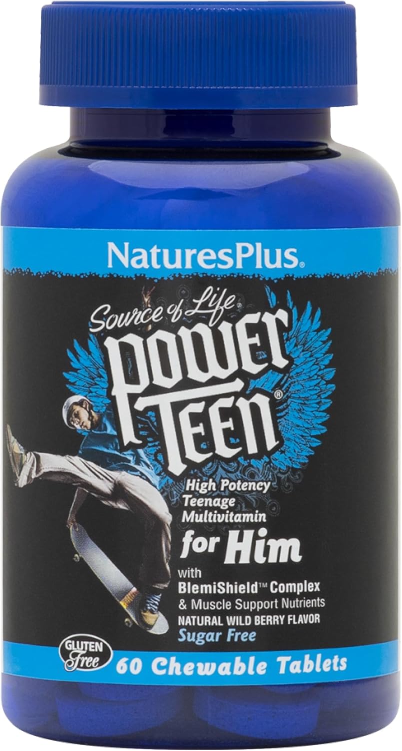 Natures Plus Source of Life Power Teen for Him, Wild Berry - 120 Chewable Tablets - High Potency Teenage Multivitamin - Gluten & Sugar Free