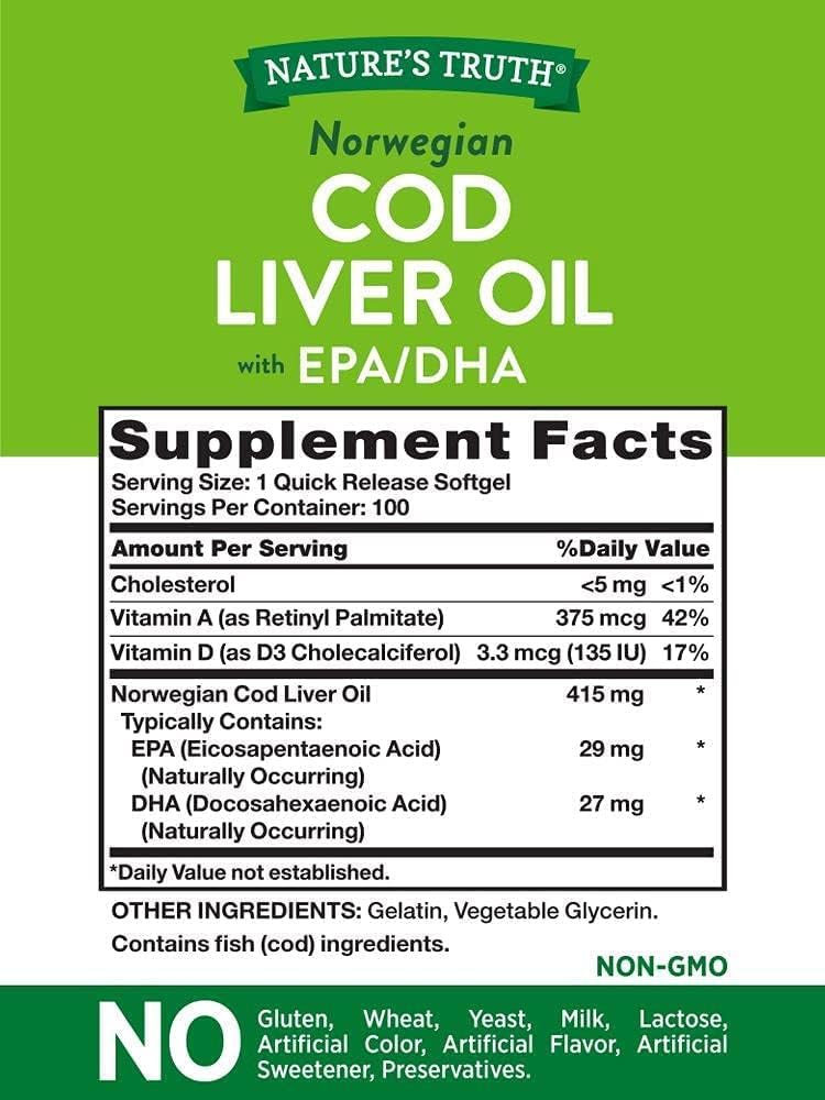 Nature's Truth Norwegian Cod Liver Oil Softgels - Pack of 600 Dietary Supplement Capsules