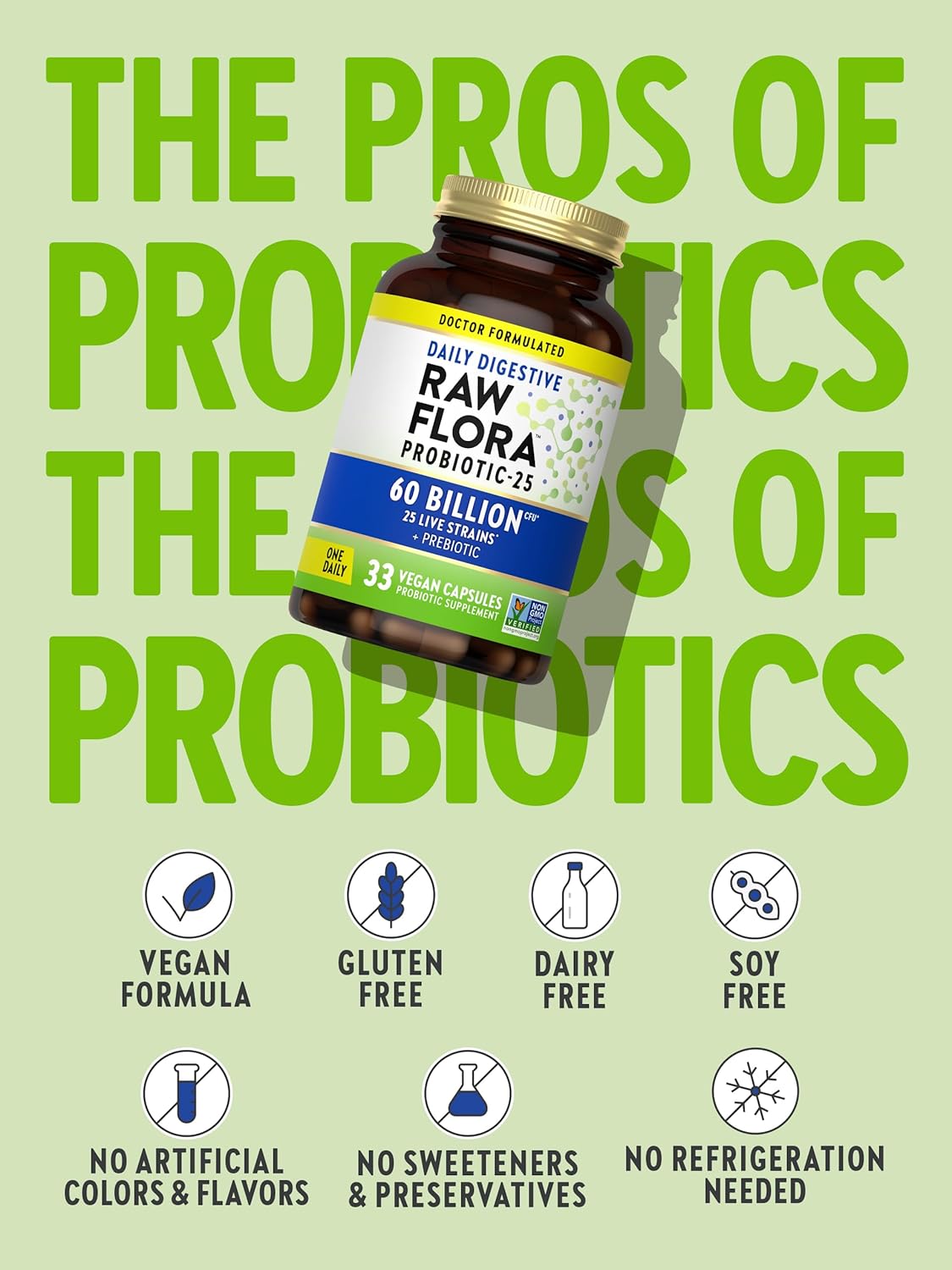 Nature's Truth Raw Flora Probiotic Capsules - 60 Billion CFU with Prebiotics for Daily Digestive Support - Gluten-Free Vegan Supplement for Men and Women