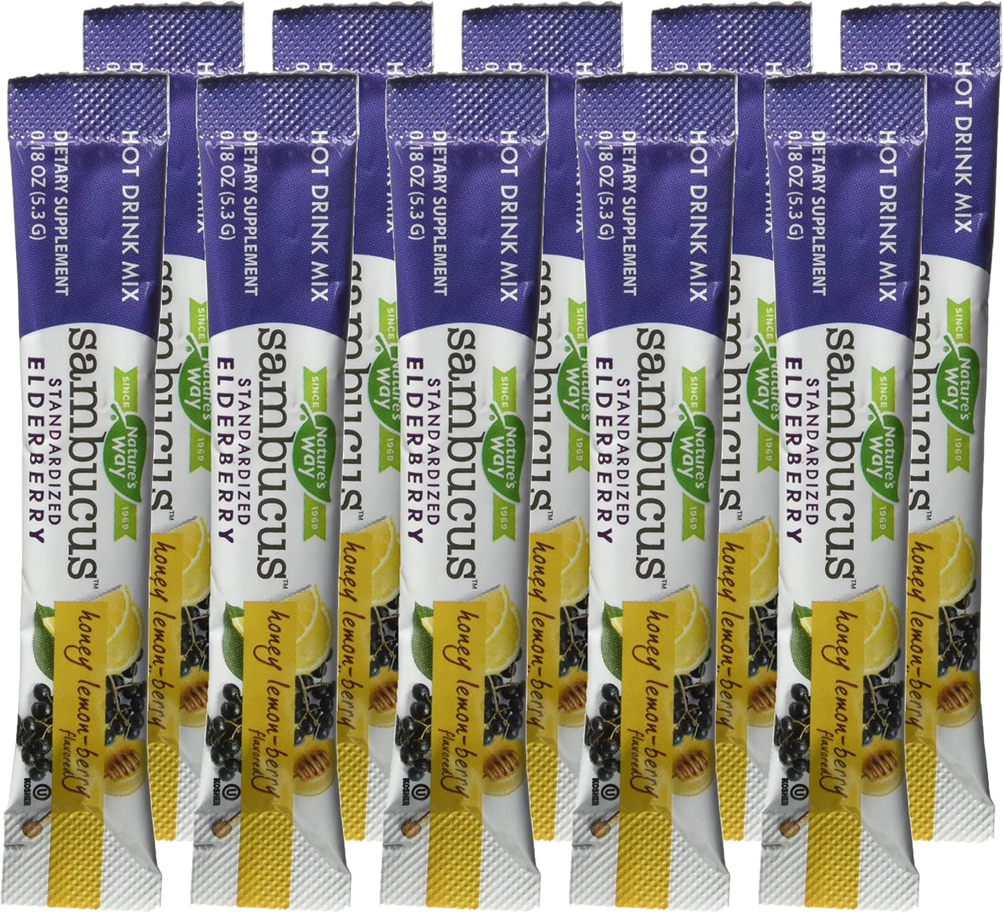 Nature's Way Sambucus Elderberry Hot Drink Mix with Vitamin C & Echinacea - Honey Lemon-Berry Flavor, 10 Count Pack of 12