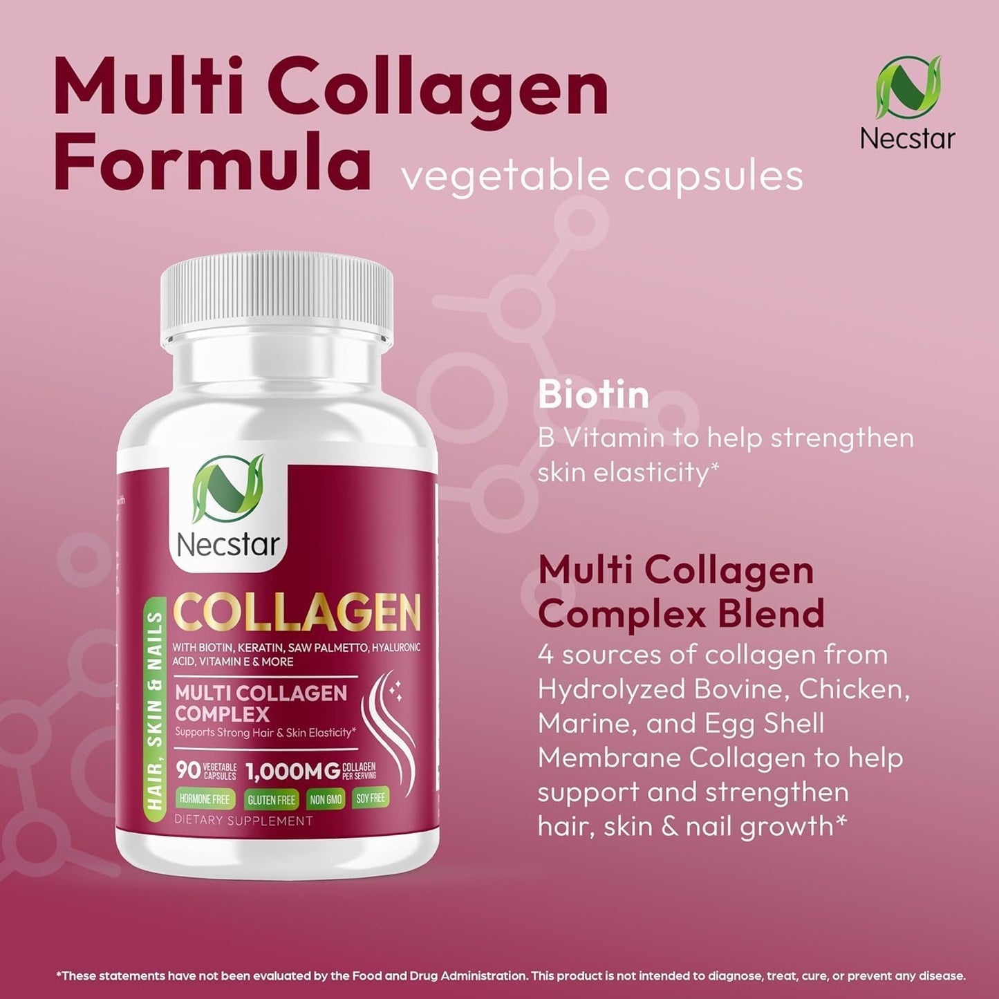 Necstar Multi Collagen Pills with Biotin & Hyaluronic Acid - 180 Capsules for Skin, Hair, Nails & Joint Support