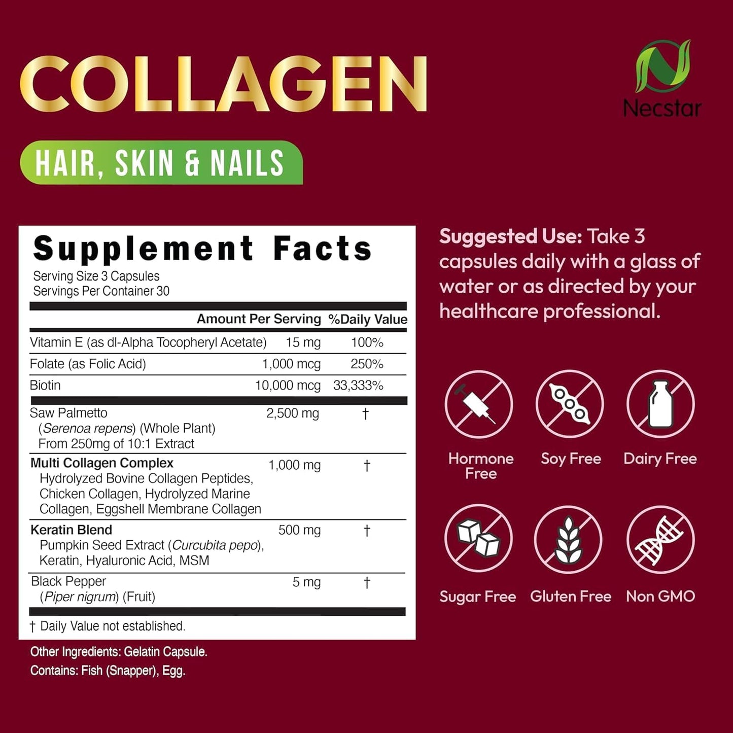 Necstar Multi Collagen Pills with Biotin & Hyaluronic Acid - 180 Capsules for Skin, Hair, Nails & Joint Support