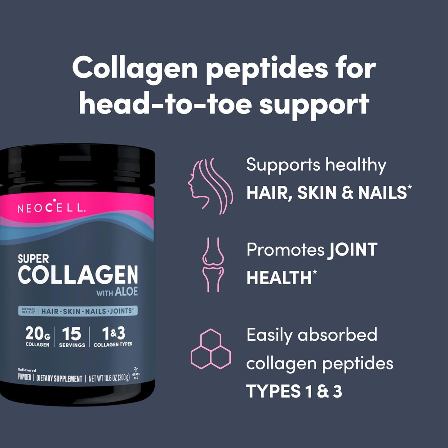 Neocell Super Collagen with Aloe Powder - Type 1 & 3 Collagen for Healthy Hair, Skin, and Nails - Gluten-Free - 10.6 Oz - 30 Servings.