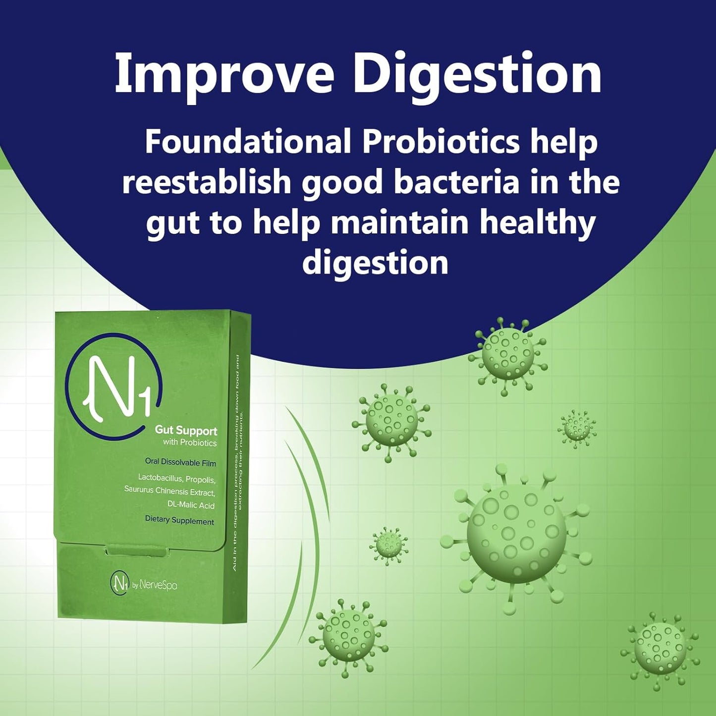 NerveSpa Gut Support Probiotic Oral Dissolvable Film - Improve Digestion, Enhance Nutrient Absorption - 10 Films