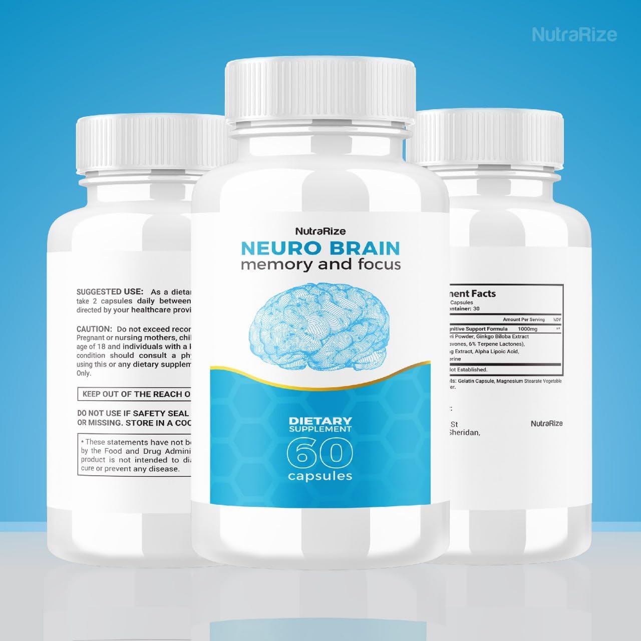 Neuro Brain Cognitive Capsules for Memory and Focus - NutraRize NeuroBrain Dietary Supplement (60 Capsules)