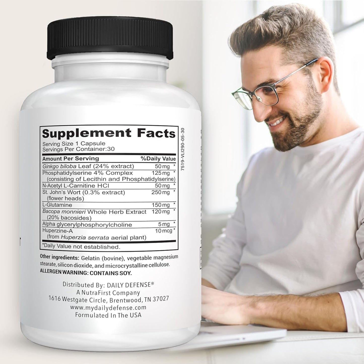 Neuro Support Nootropic Brain Supplement - 30 Capsules for Focus & Memory with Bacopa, Huperzia, St. John's Wort & Ginkgo Biloba - Daily Defense