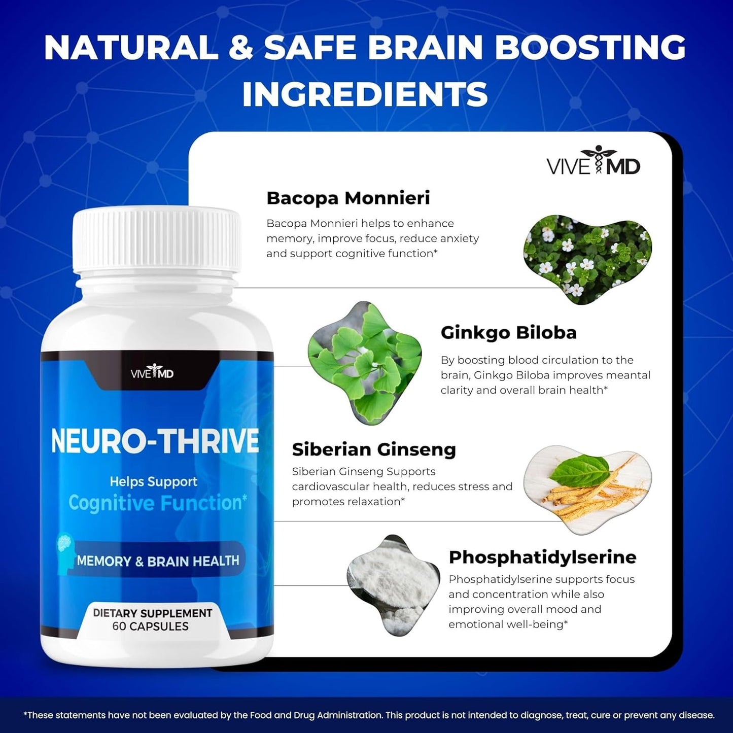 Neuro Thrive Brain Supplement - Official Formula with PQQ, Ginkgo Biloba, and Siberian Ginseng Extracts (60 Capsules)