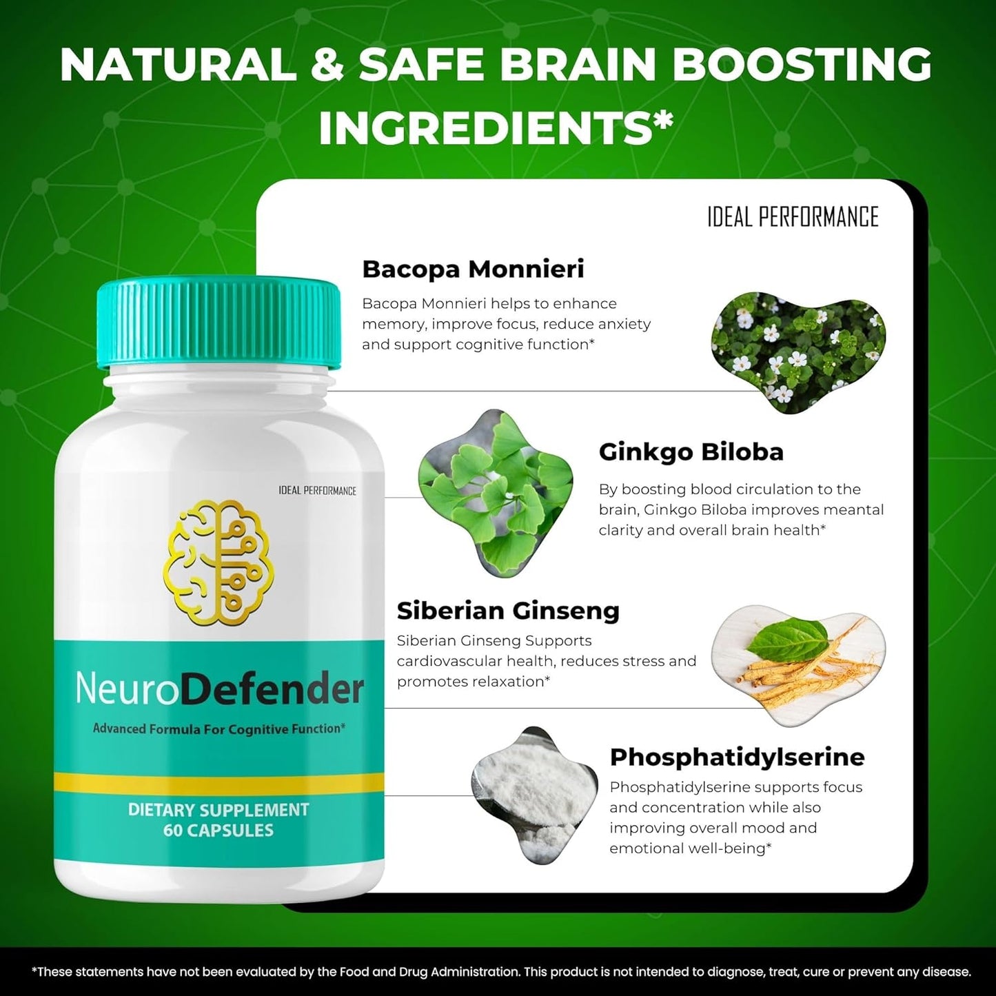NeuroDefender Brain Supplements for Memory and Focus - Advanced Formula for Brain Health Support - All Natural Nootropics - 5 Pack