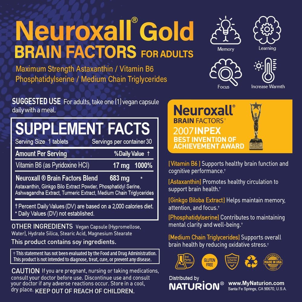 Neuroxall Gold Brain Support Capsules for Adults - Cognitive and Mental Health Boost with Vitamins and Herbs - 30 Day Supply