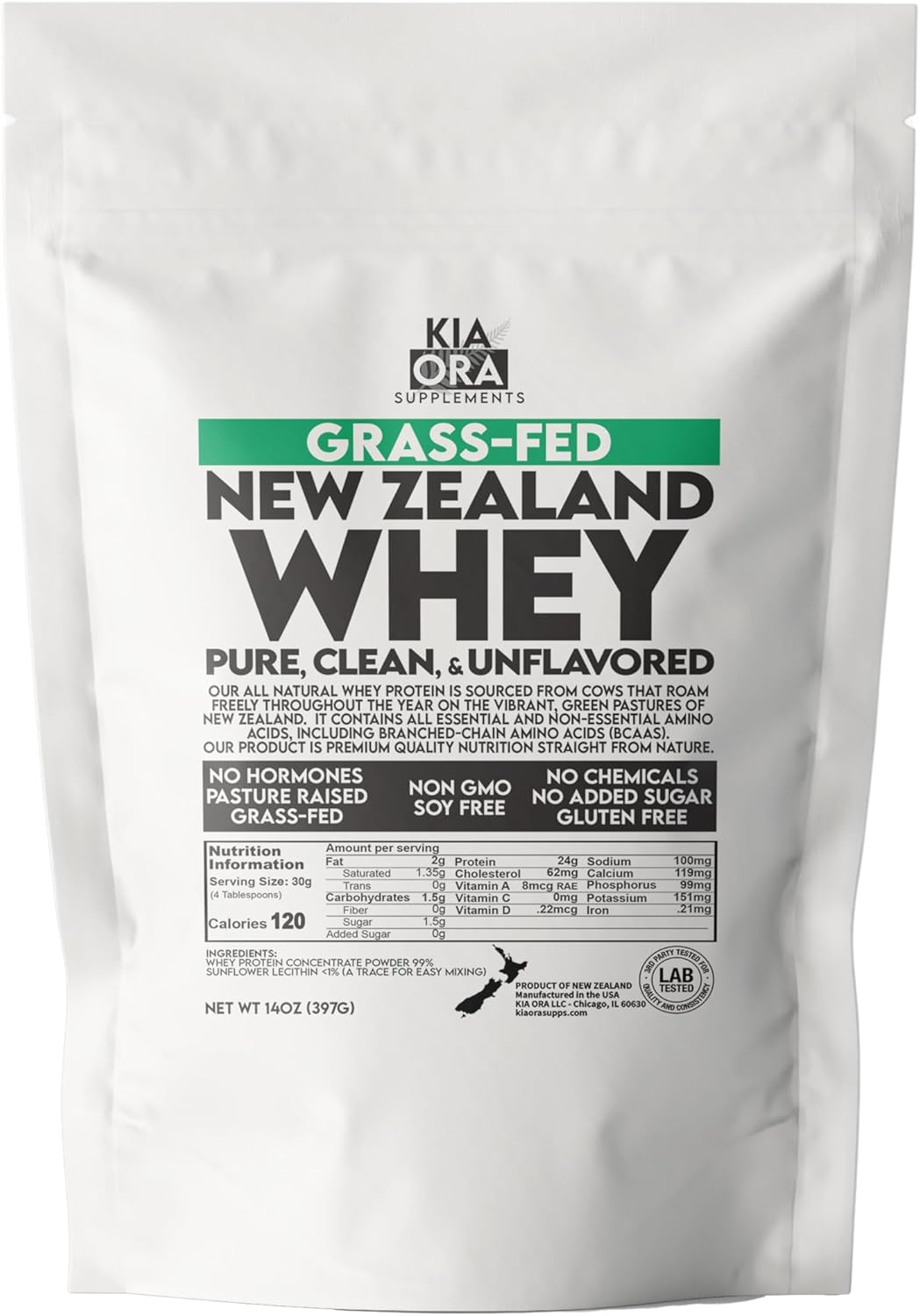 New Zealand Grass-Fed Whey Protein Powder 14oz - Pure & Raw, GMO-Free, Unflavored Whey Protein - Pasture Raised, No Added Sugar & Hormones - KIA ORA