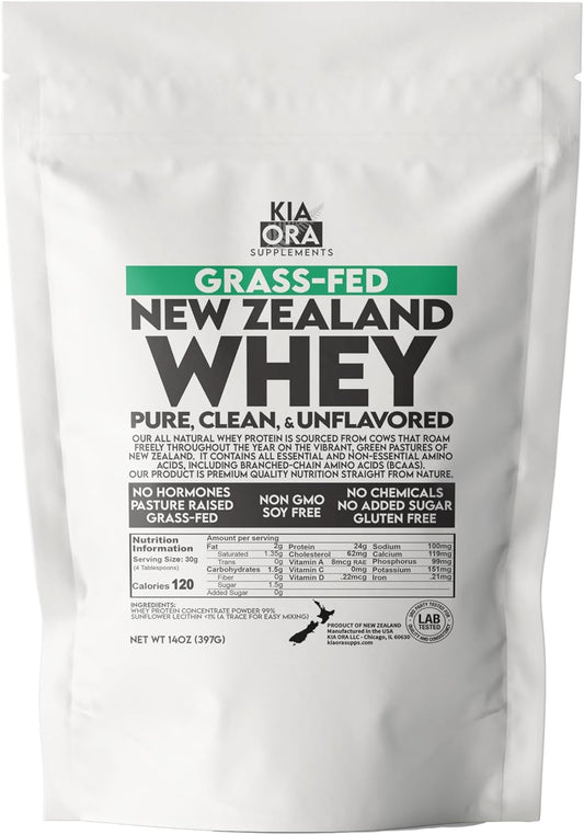 New Zealand Grass-Fed Whey Protein Powder 14oz - Pure & Raw, GMO-Free, Unflavored Whey Protein - Pasture Raised, No Added Sugar & Hormones - KIA ORA
