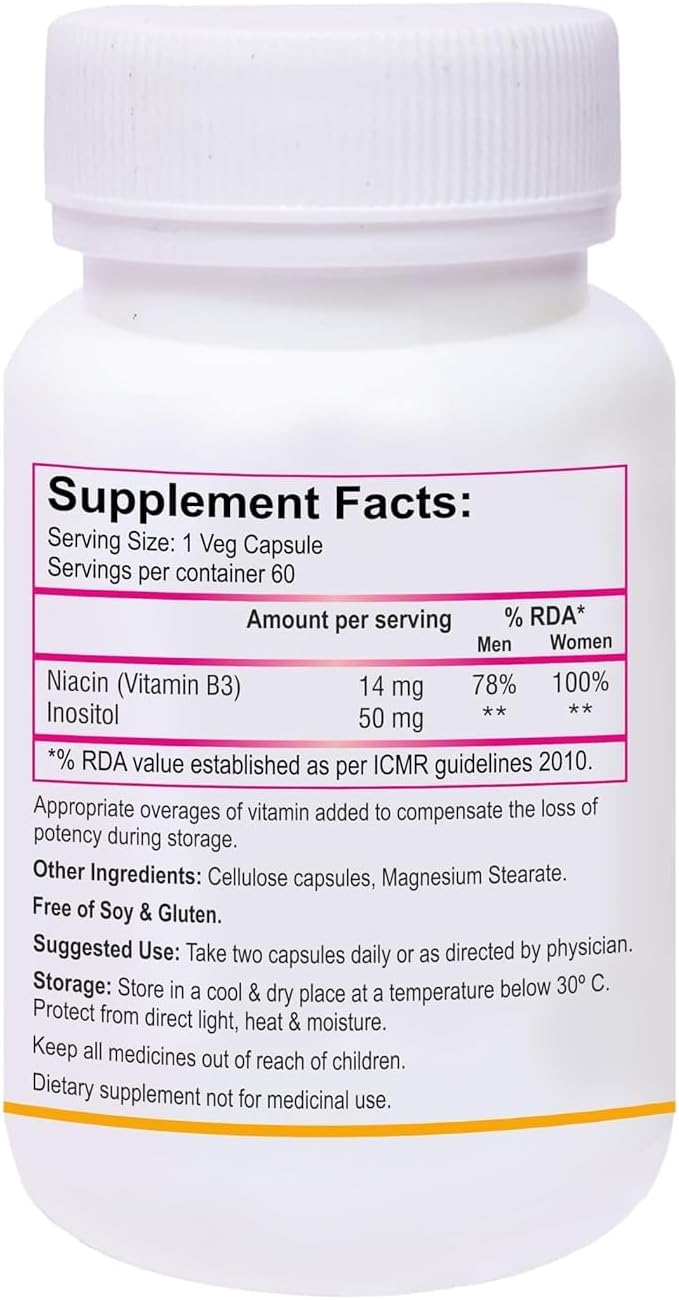 Niacin and Inositol Vitamin B3 Supplement - 60 Vegetarian Capsules, 14mg Niacin, 50mg Inositol