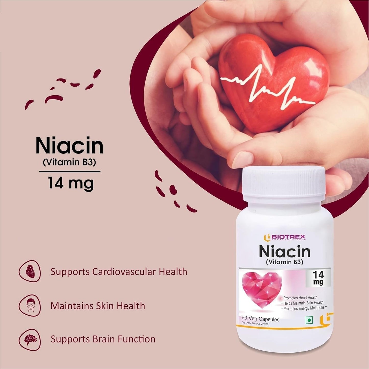 Niacin and Inositol Vitamin B3 Supplement - 60 Vegetarian Capsules, 14mg Niacin, 50mg Inositol