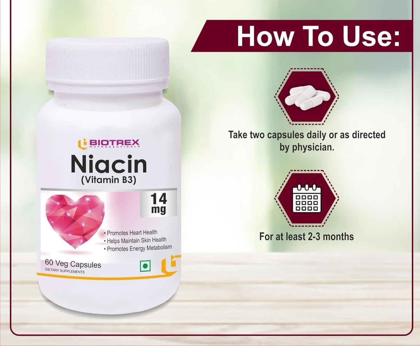 Niacin and Inositol Vitamin B3 Supplement - 60 Vegetarian Capsules, 14mg Niacin, 50mg Inositol