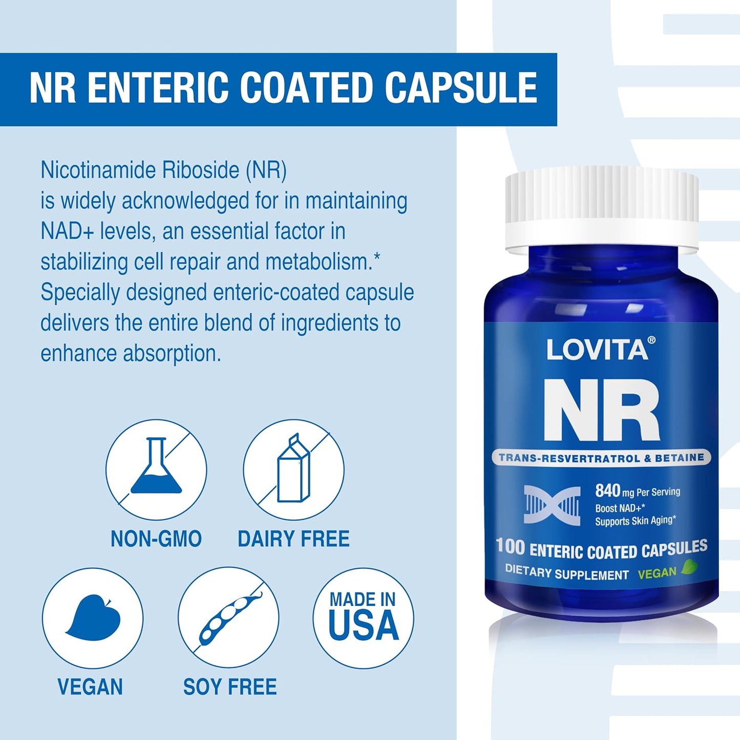Nicotinamide Riboside 840mg with Trans-Resveratrol and Betaine for Healthy Aging - 100 Vegan Enteric-Coated Capsules