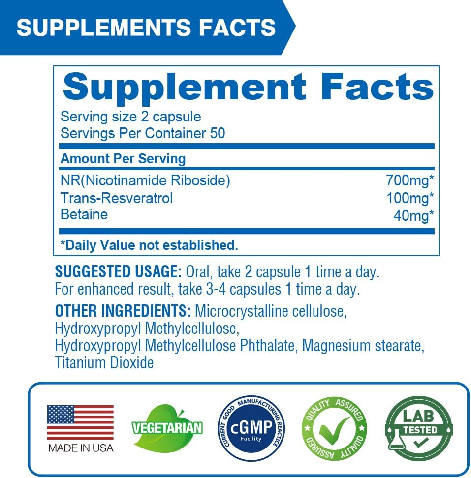 Nicotinamide Riboside 840mg with Trans-Resveratrol and Betaine for Healthy Aging - 100 Vegan Enteric-Coated Capsules