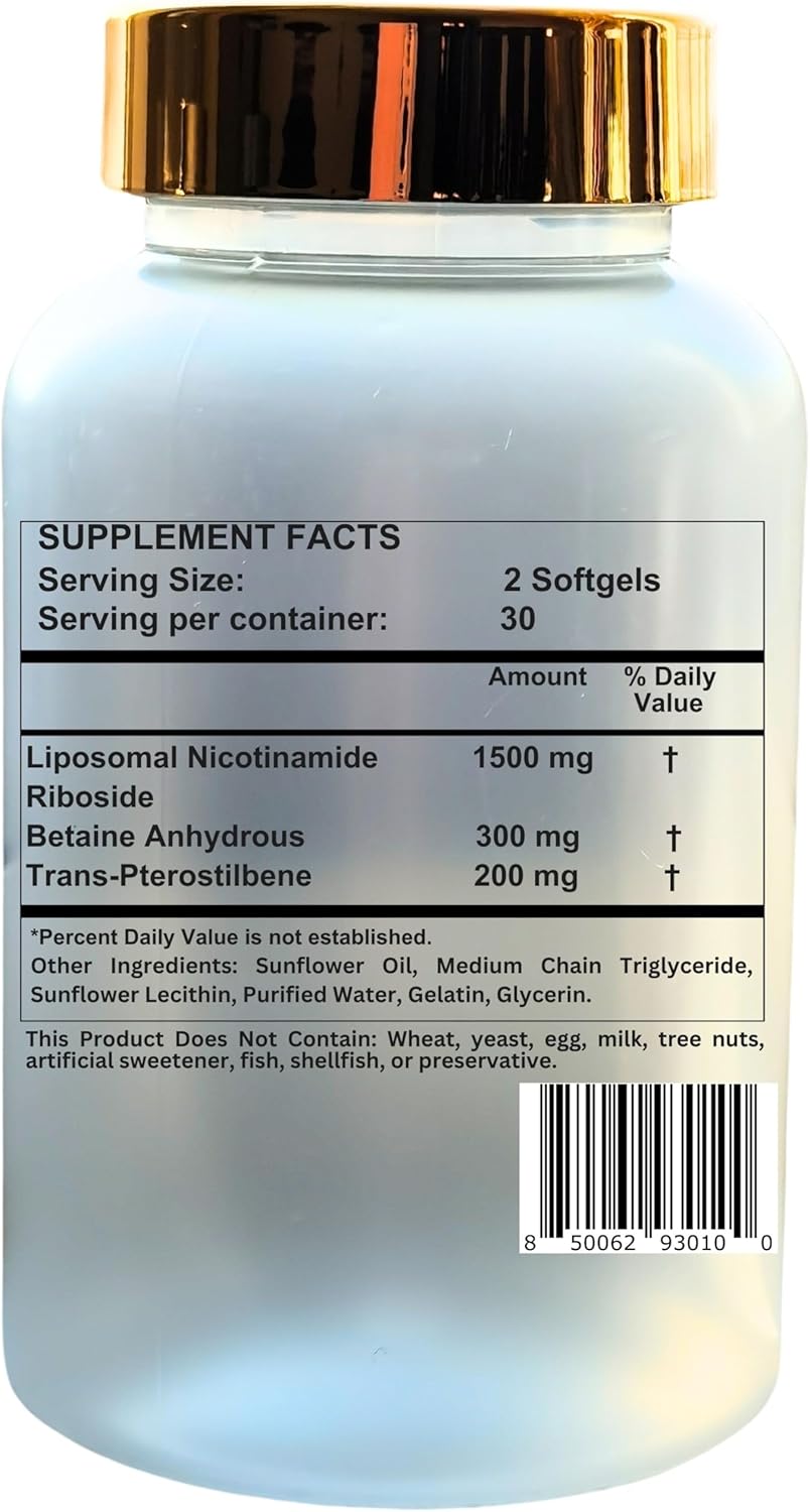 Nikoni Liposomal NAD+ 2000mg Softgels with TMG and Pterostilbene for Healthy Aging - 60 Capsules