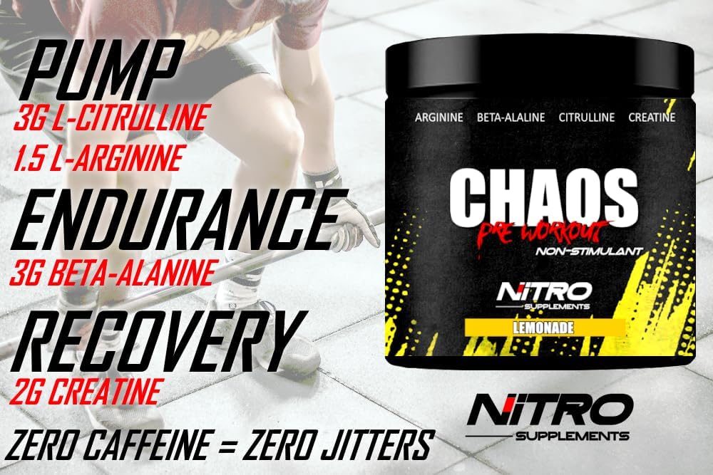 Nitro Fight Wear Chaos Non-Stim Pre-Workout Supplement - Beta-Alanine, L-Citrulline, Arginine, Creatine, Taurine - Lemonade Flavor - 30 Servings