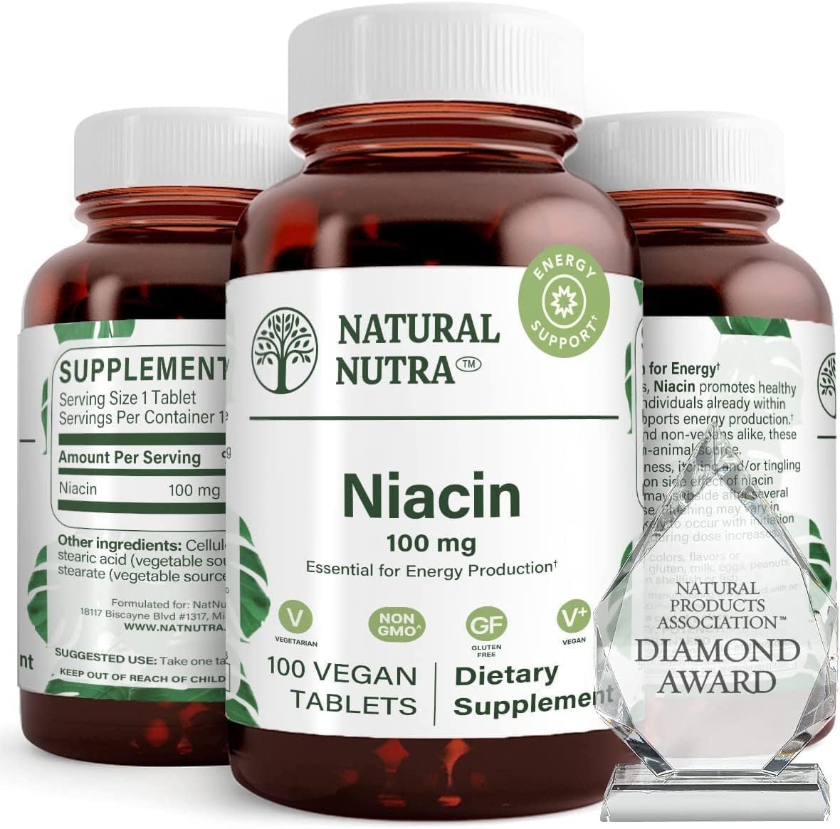 Non-GMO Niacin Supplement for Energy, Body Fat Maintenance, Digestion, Skin Health, Brain Function - 100mg, 100 Tablets (Pack of 3)