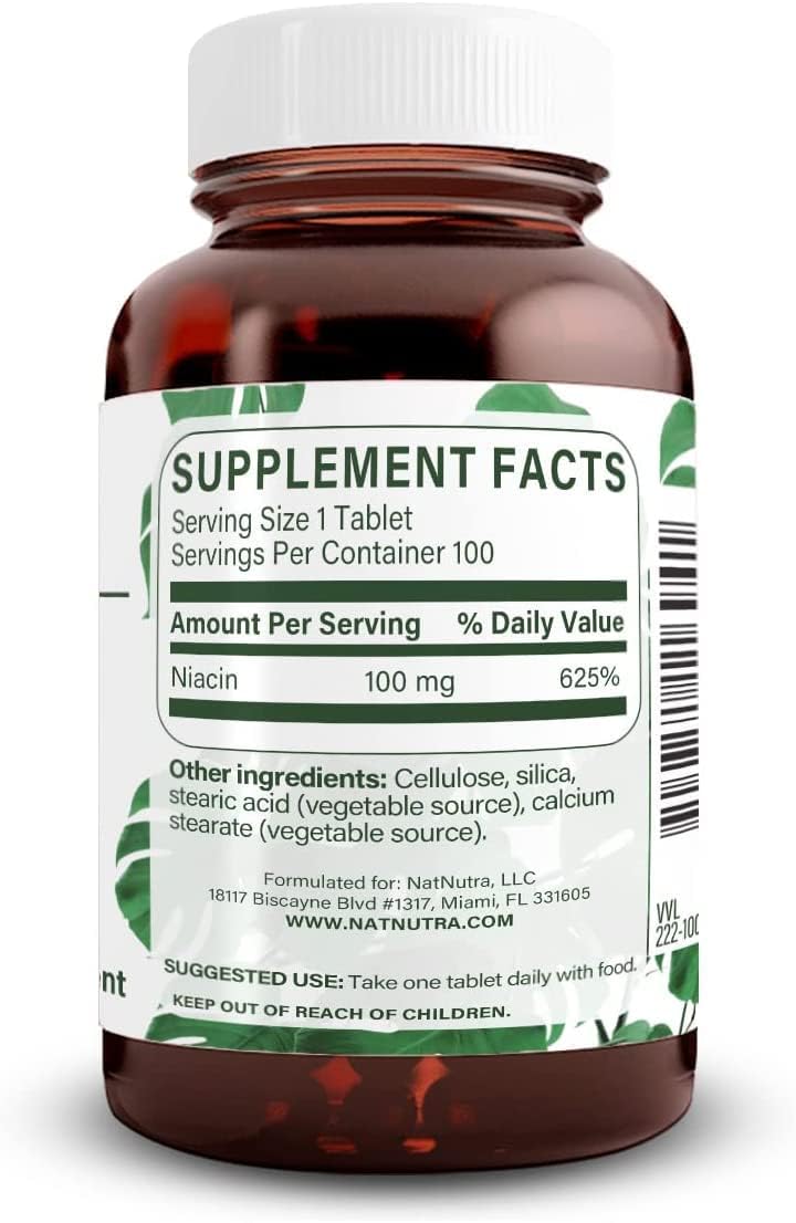 Non-GMO Niacin Supplement for Energy, Body Fat Maintenance, Digestion, Skin Health, Brain Function - 100mg, 100 Tablets (Pack of 3)